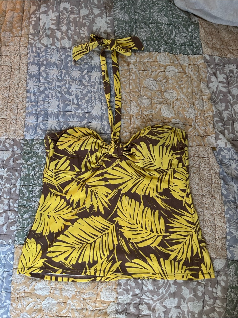 Island Escape Yellow and Brown Leaf-Print Halter Tankini Top